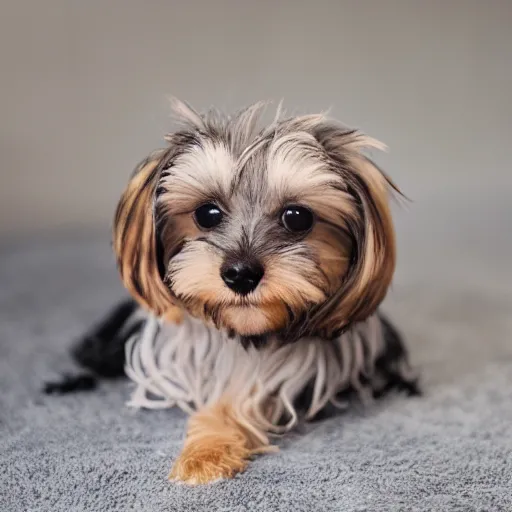 Image similar to yorkiepoo sitting in a pile of mochi, realistic, hd