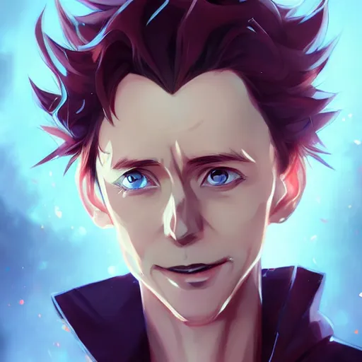 Image similar to anime portrait of Tom Hiddleston as an anime boy by Stanley Artgerm Lau, WLOP, Rossdraws, James Jean, Andrei Riabovitchev, Marc Simonetti, and Sakimichan, trending on artstation