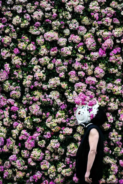 Image similar to a surreal portrait of a woman wearing gas mask melting into a wall of flowers in the style of brooke didonato, editorial fashion photography from vogue magazine, full shot, nikon d 8 1 0, ƒ / 2. 5, focal length : 8 5. 0 mm, exposure time : 1 / 8 0 0, iso : 2 0 0