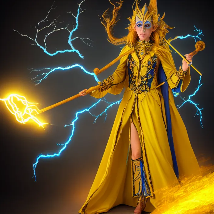 Image similar to photograph of a real - life beautiful elemental lightning witch with ornate yellow and blue robes and staff. extremely detailed. 8 k