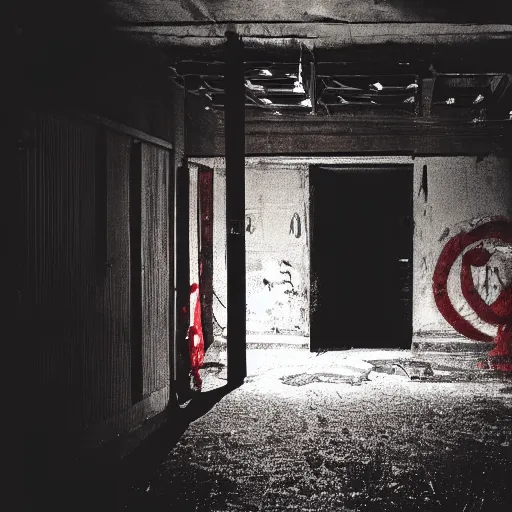 Prompt: a photograph of a dark and wet basement, a shadow creature with red eyes huddled in the corner