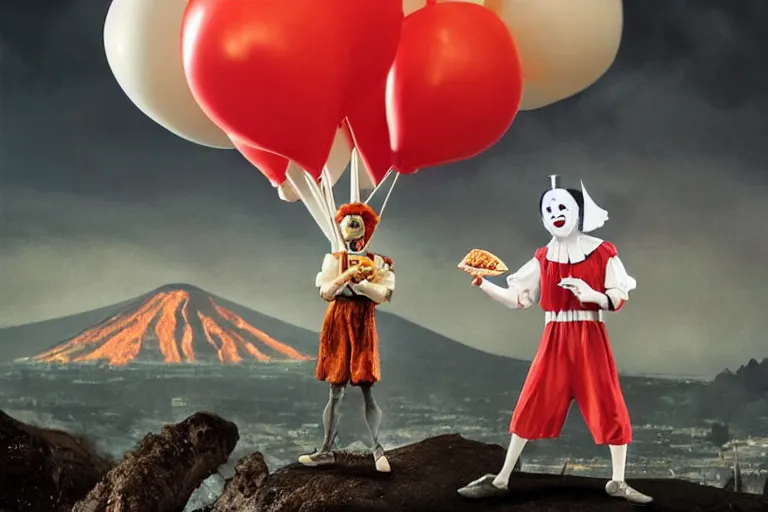 Image similar to pennywise as pulcinella!!! holding a pizza! with vesuvius in the background, glowing pools of lava, cloudy sky, an ultrafine detailed painting by joe fenton, full body, wide angle, post - apocalyptic feel, big depth of field, 3 d octane render, 4 k, perfect symmetrical face, masterpiece, hyperrealistic, trending on deviantart