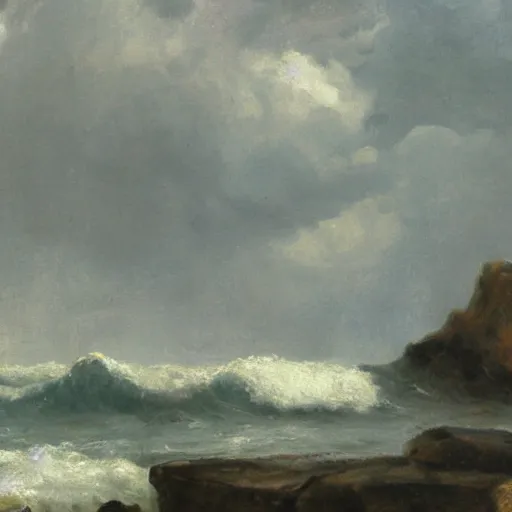 Image similar to painting of a person standing on a rock with waves crashing around by friedrich