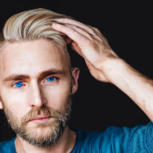 Image similar to close up of face of very handsome 4 0 year old slavic blond man with blond stubble, very short wavy blond hair in a short pompadour style, very pale skin, blue eyes, hairy shoulders, hairy chest, portrait, 4 k