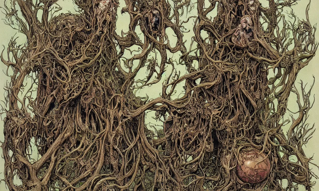 Image similar to hyperdetailed art nouveau portrait of treebeard and old groot as a cthulhu eyeball moose skull wendigo swamp thing creatures, by michael kaluta, pushead and bill sienkiewicz, photorealism, claws, skeleton, antlers, fangs, forest, wild, bizarre, scary, lynn varley, lovern kindzierski, steve oliff