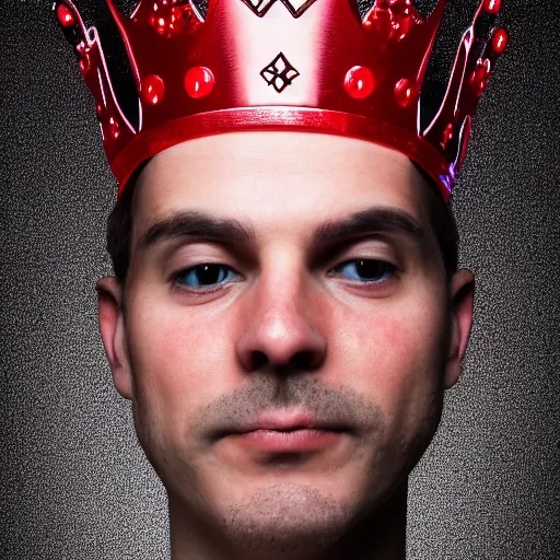 Image similar to man with a crown, smirk, photograph, black backgrounds, glowing red eyes, low poly