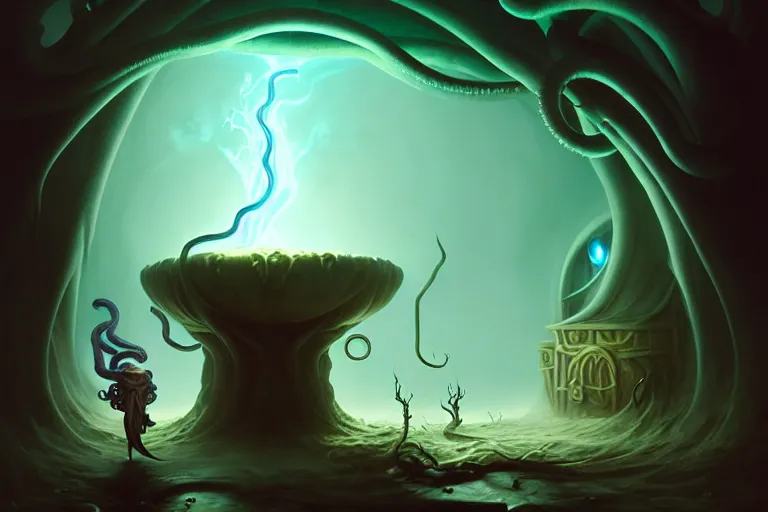 Prompt: dark magician conjures over a vat with a potion, location of a dark old house, a monster with tentacles climbs out of the door, peter mohrbacher style, ray tracing, cinematic, digital art, realistic,