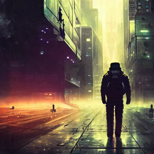 Image similar to astronaut wandering around a cyberpunk dystopian gotham city, foggy and atmospheric, night, starry sky, glowing lights, photorealism, oil painting,