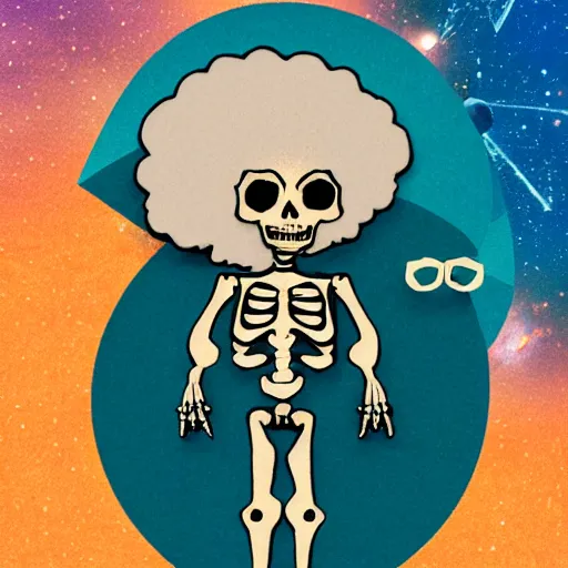 Prompt: skeleton with an afro wearing a spiked leather jacket, stylized, lofi colors faded in foreground, spacey, solar system background