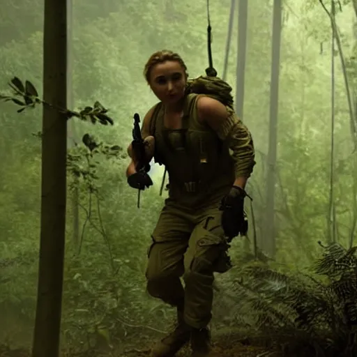 Image similar to cinematic scene with hayden panettiere as a commando in the jungle joining the ballte, action scene, dramatic, small details, volumetric lighting, ground mist, smoke, still frame