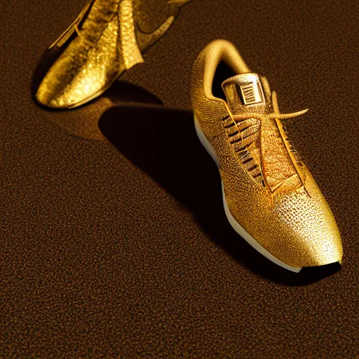 Prompt: gold plated nike shoes, octane render,