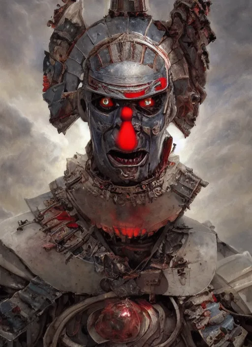 Image similar to portrait of a diabolical cyborg clown samurai, torn cape, adaptive armor, dynamic pose, heavy eyes to the side, ancient ruins, glowing veins subsurface scattering, in clouds, sunset, portrait, by gerald brom, by mikhail vrubel, by peter elson, muted colors, extreme detail, reflections, trending on artstation, 8 k