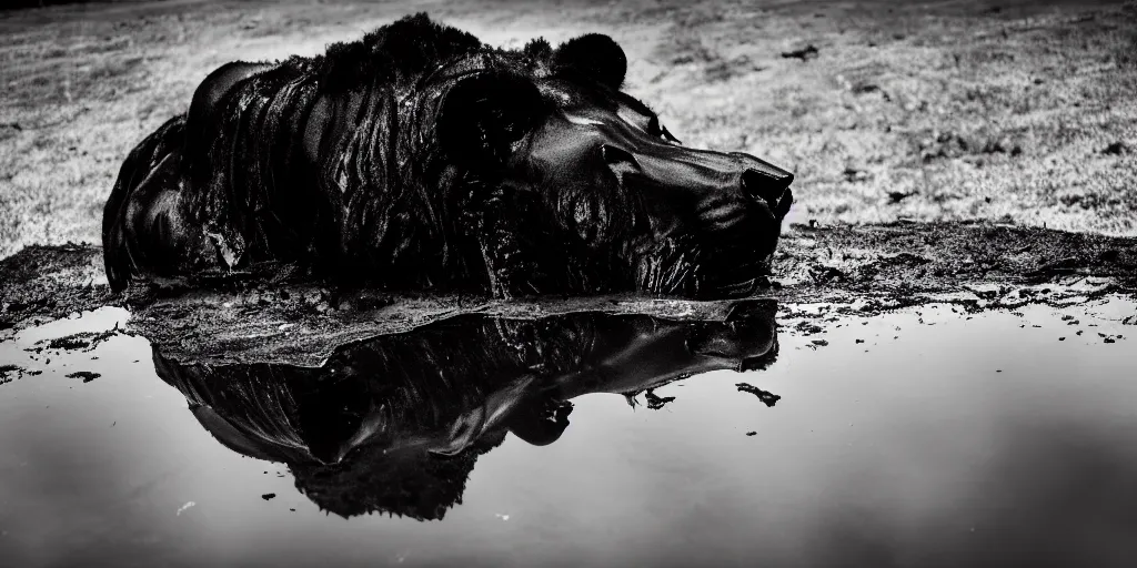 Image similar to the black lioness made of tar, laying on their back, dripping tar, drooling goo, covered in slime, sticky black goo, bathing in the pit filled with tar, dripping goo, sticky black goo. photography, dslr, reflections, black goo, rim lighting, cinematic light, tar pit, chromatic, saturated, slime