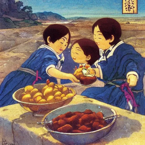 Prompt: The potatoes eaters, by hiroshi yoshida