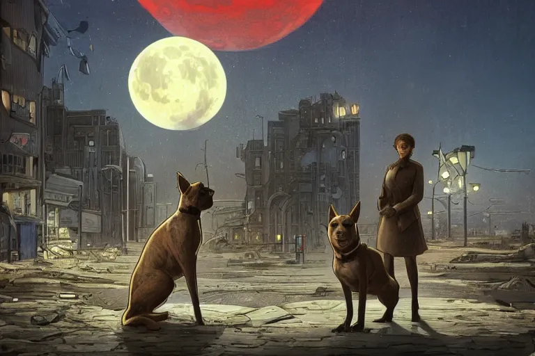 Prompt: a detailed illustration of a lonely sad dog against the background of a ravaged city and a red moon, artstation, by John Philip Falter, Art Nouveau, sophisticated, Unreal engine, dystopia, anti-utopia, post processing, nostalgic melancholic artwork, intricate