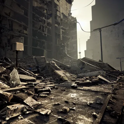 Prompt: a walkie - talkie lies on the ground in rubble, macro perspective of the walkie - talkie, intricate details, dark interior of an old corridor, horrible angry zombies in the background, 8 k hyperdetailed, unreal engine, octane render, style of gta v artworks