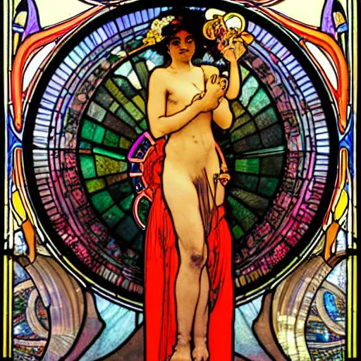 Prompt: burning man, goddess of travel, ebony skin, car, traffic, queue, ticket, pass, passport, intricate, stained glass by alphonse mucha