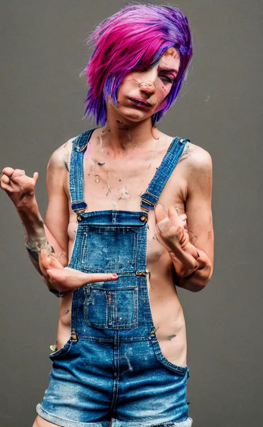 Image similar to grungy woman, rainbow hair, soft eyes and narrow chin, dainty figure, wet t-shirt, torn overalls, skimpy shorts, Sony a7R IV, symmetric balance, polarizing filter, Photolab, Lightroom, 4K, Dolby Vision, Photography Award