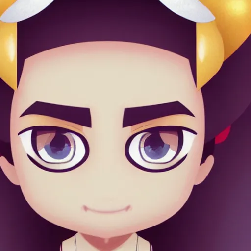 Image similar to face detailing portrait painting of wizard in the style of matte painting nendoroid and chibi, eyes in the style of nendoroid, middle close up, Julian ope, flat shading, 2D illustration, Swiss modernizm, ukiyoe style, simple dark backgrounds