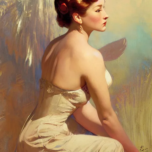 Image similar to portrait of a beautiful woman, intricate, elegant, highly detailed, by gil elvgren, by greg manchess, by mucha, by ruan jia