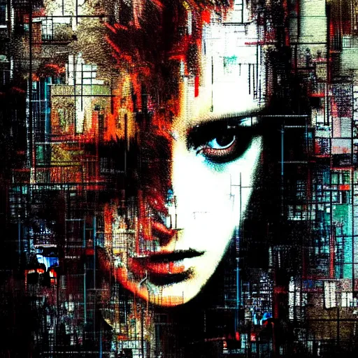 Prompt: portrait of a hooded beautiful women, mysterious, glitch effects over the eyes, shadows, by Guy Denning, by Johannes Itten, by Russ Mills, centered, glitch art, innocent, hacking effects, chromatic, cyberpunk, color blocking, digital art, concept art, abstract