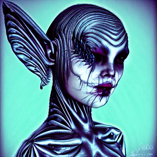 Image similar to fairy girl inspired by giger, and cam de leon