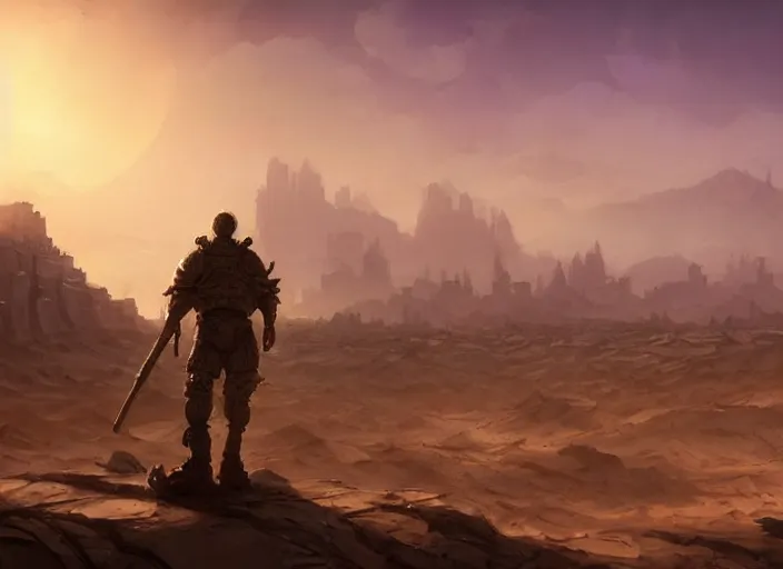 Image similar to detailed concept art background matte painting, strong muscular older soldier roaming through desert with city in the skyline, two suns, purple orange colors, sharp focus, illustration, highly detailed, digital painting, concept art, matte, art by wlop and artgerm and greg rutkowski, masterpiece