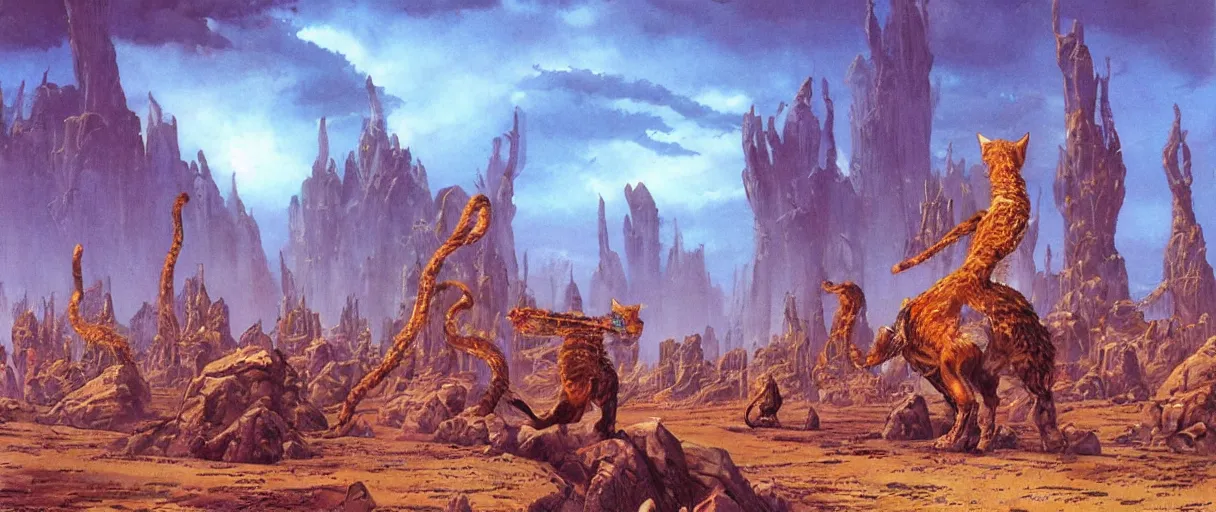 Prompt: A beautiful illustration of a civilization of anthropomorphic Feline warriors by Bruce Pennington | Graphic Novel, Visual Novel, Colored Pencil, Comic Book:.3 | unreal engine:.5 | establishing shot