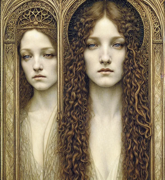 Image similar to detailed realistic beautiful young medieval queen face portrait by jean delville, gustave dore and marco mazzoni, art nouveau, symbolist, visionary, gothic, pre - raphaelite. horizontal symmetry