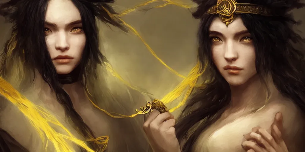 Image similar to a young beautiful priestess with long black hair weavering golden string of magic, barroque painting, ultra realistic. cinematic, dynamic. magic the gathering style. epic fantasy, insanely detailed, 4k, rpg character reference. gourgeous.