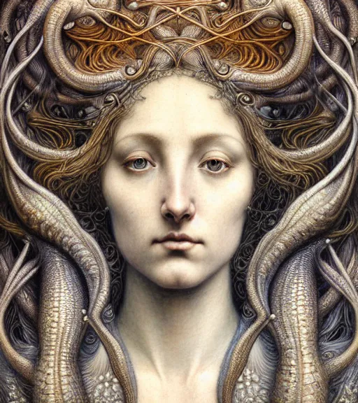 Prompt: detailed realistic beautiful equinox goddess face portrait by jean delville, gustave dore, iris van herpen and marco mazzoni, art forms of nature by ernst haeckel, art nouveau, symbolist, visionary, gothic, neo - gothic, pre - raphaelite, fractal lace, intricate alien botanicals, ai biodiversity, surreality, hyperdetailed ultrasharp octane render