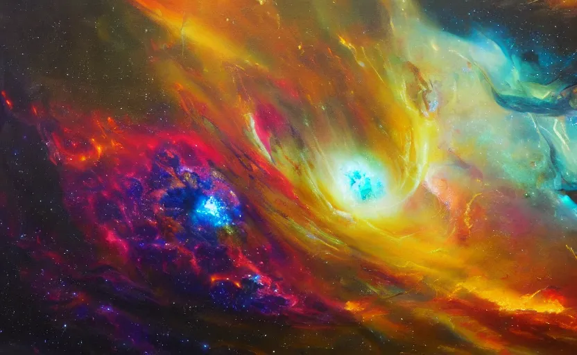 Image similar to an abstract oil painting of an unbelievably beautiful space nebula ; swirling sheets of light and fire ; hyper - detailed ; an extraordinary masterpiece!!! ; flawless ; trending on artstation