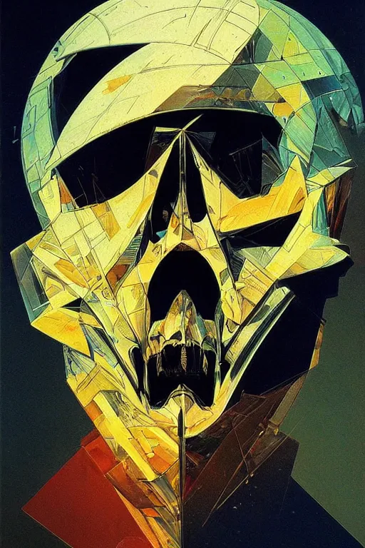 Image similar to wideangle, a portrait of a shattered skull, madness, decoherence, synthwave, glitch!!, fracture, realistic, hyperdetailed, concept art, golden hour, art by syd mead, cubism