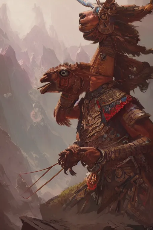 Image similar to Hyperdetailed masterpiece concept art of Llama warrior of the Incas hyperdetailed concept art by Greg Rutkowski and Ross Tran, high quality DnD illustration, trending on ArtStation, all rights reserved Wizards of the Coast.