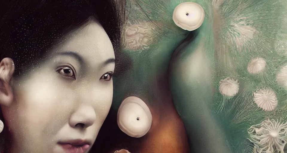 Image similar to closeup shot of asian female wearing a luminous soft fragile jelly fish dress, symmetrical face, by ray caesar, by louise dahl wolfe, by andrea kowch, by anna claren, surreal photography