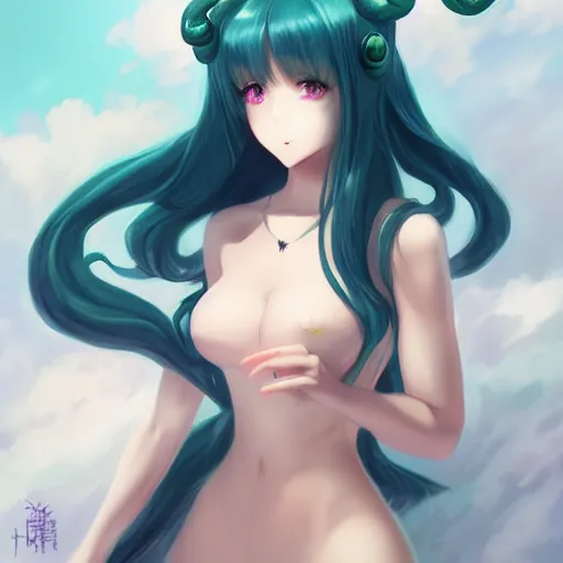 Image similar to cthulhu humanisation as a cute anime girl, by rossdraws, wlop, boris vallejo, gil elvgren, sleek curves, pixiv award winning