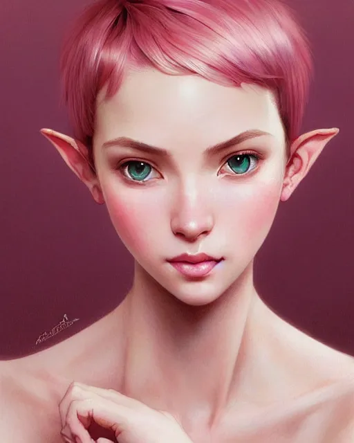 Image similar to portrait of a pink short haired till shoulder half elf with bangs, intricate, elegant, highly detailed, my rendition, digital painting, artstation, concept art, smooth, sharp focus, illustration, art by artgerm and greg rutkowski and alphonse mucha and uang guangjian and gil elvgren and sachin teng and wlop, symmetry!!