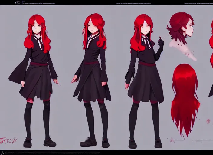 Prompt: character sheet of attractive female student witch by greg rutkowski, magic school uniform, glowing red hair color, by studio ghibli and ross tran, digital art, trending on artstation, highly detailed, concept art, beautiful, masterpiece