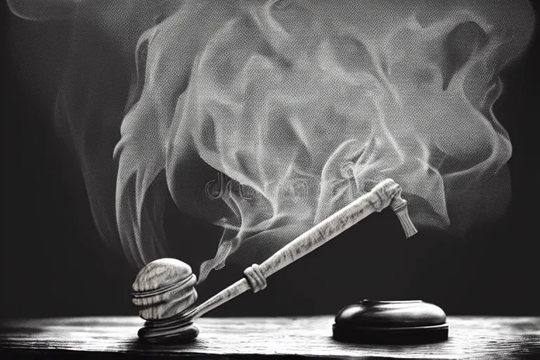 Image similar to republican elephant,pile of papers on fire,Judge's Bench burning, Judge's Gavel,Smoke,Fog Mads Berg, Karolis Strautniekas,stippled light, dramatic lighting,fine texutre, editorial illustration,matte print, film noir,dynamic composition,moody