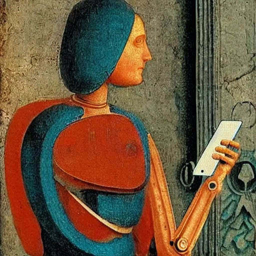 Image similar to a robot with teal hair holding a phone in ancient rome, painting by leonardo da vinci
