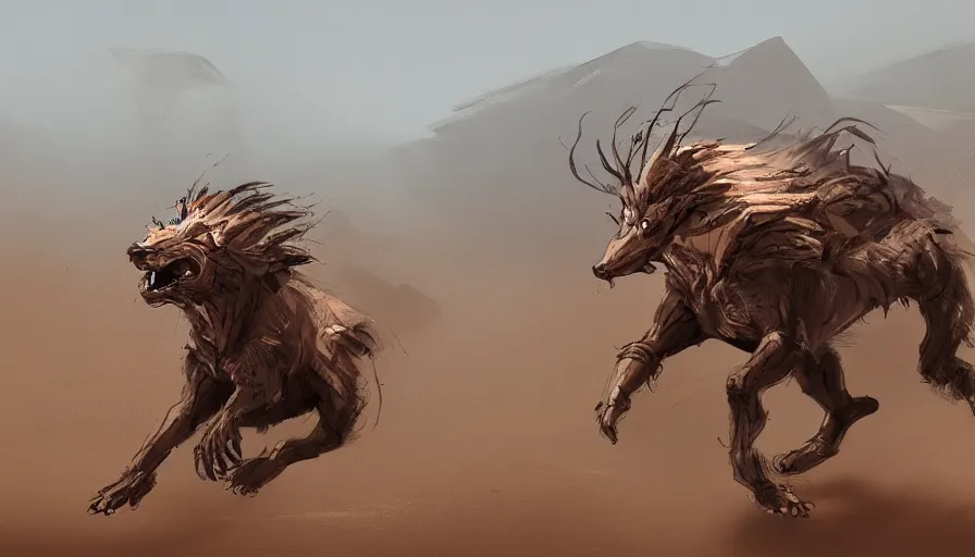 Image similar to concept art of beast running across the open desert by jama jurabaev, trending on artstation, high quality, brush stroke