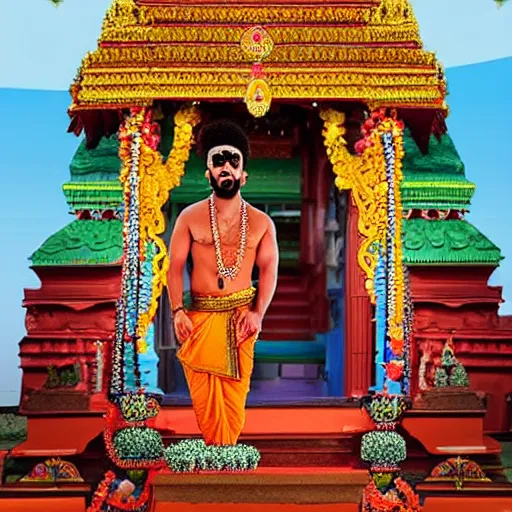 Prompt: photograph of drake the rapper, standing in a hindu kovil, accurate portrayal, drake the rapper's face