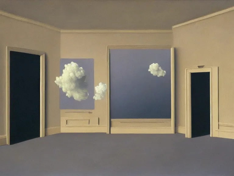 Image similar to room with clouds painted on the walls, painting by rene magritte, centered, high detail, high resolution