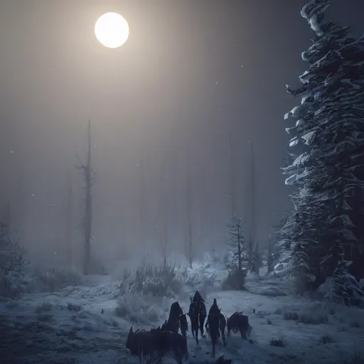 Image similar to the wild hunt, otherworldly spectres riding in the sky, bad omen, enchanted forest, blizzard storm, fog, full moon, snowy environment, in the style of the witcher series, hyperrealism, breathtaking, award winning, groundbreaking, octane render, unreal 5, intricate digital art, 8 k high resolution