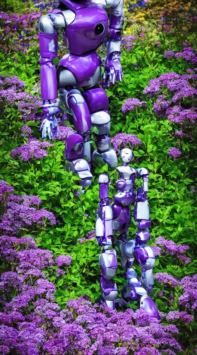 Image similar to single toy humanoid robot in a garden looking around, hyper detailed, sharp focus, bokeh, unreal engine, ray tracing, cute, fantasy, sci fi, purple flowers, blue flowers, violet flowers, glowing flowers, tiny, small, hyper realistic, sky