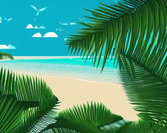Image similar to low poly vector illustration, wide angle shot of a tropical beach, green dunes, calm shore, noon, cinematography by jim jarmusch