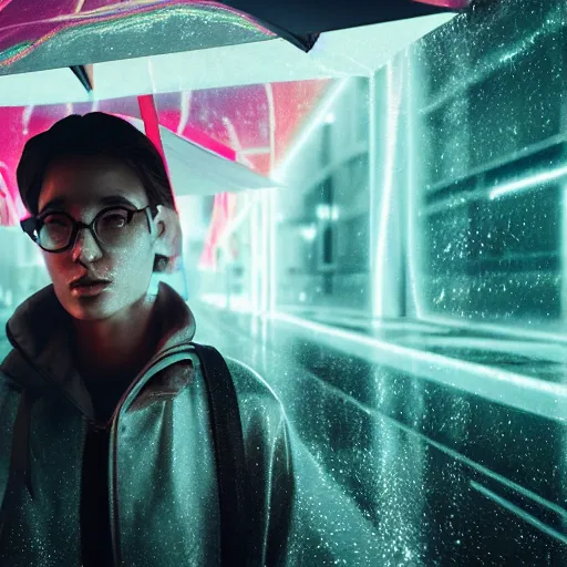 Image similar to human portrait formed out of rain, beautiful, neon, epic detail, galactic background, rendered in octane, unreal engine, realistic