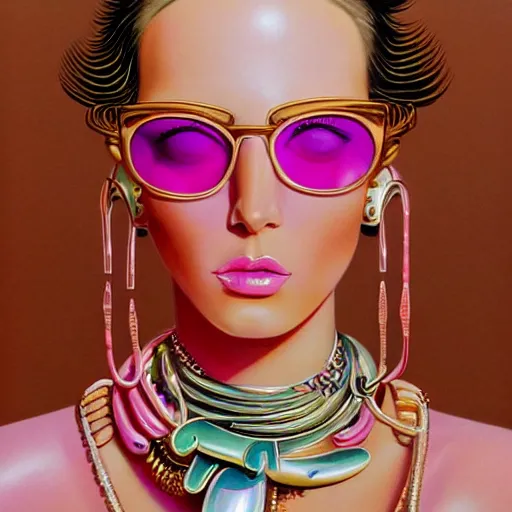 Prompt: a woman dressed in pastel pink gucci glasses nwith crystals, wearing strong jewelry, sahara desert surreal, art by peter lloyd, 1 9 8 0's art, airbrush style, art by hajime sorayama,, intricate, elegant, sharp focus, illustration, highly detailed, h 8 0 0