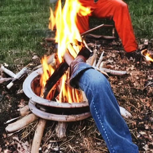 Image similar to photo of hillbilly with long blonde hair around a bonfire