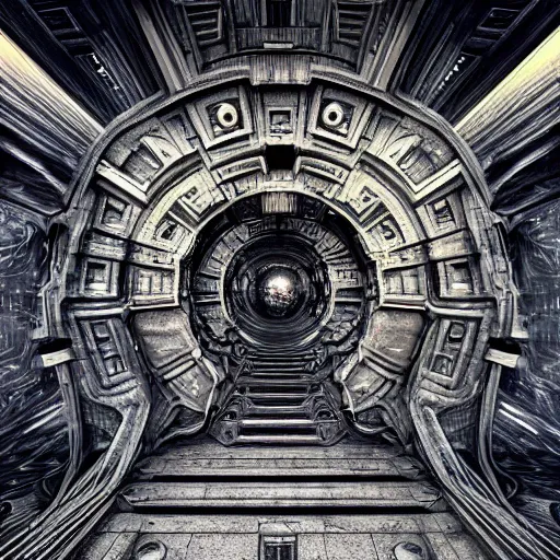 Image similar to open portal to another dimension, with white turbulent image of different time space, high detail, intricate, giger, photo realistic, 8 k